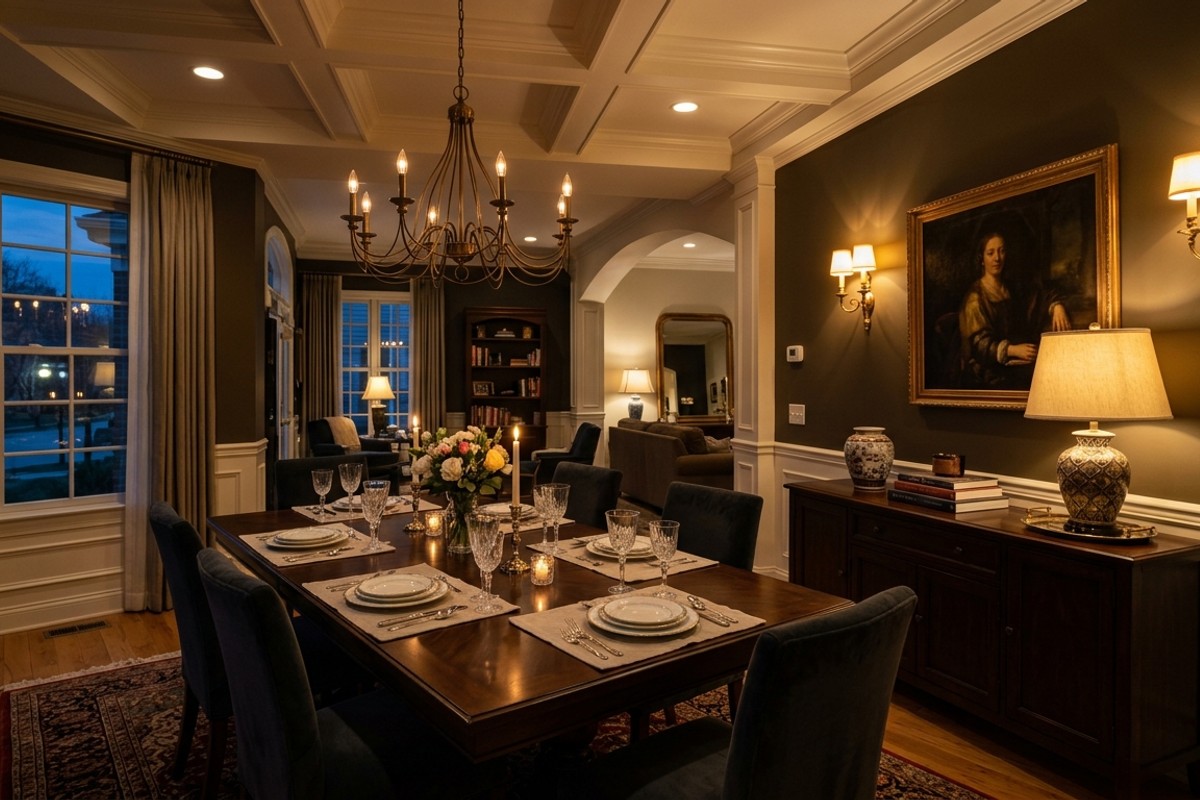 Dining room with layered lighting, featuring sconces, recessed lights, and a table lamp.