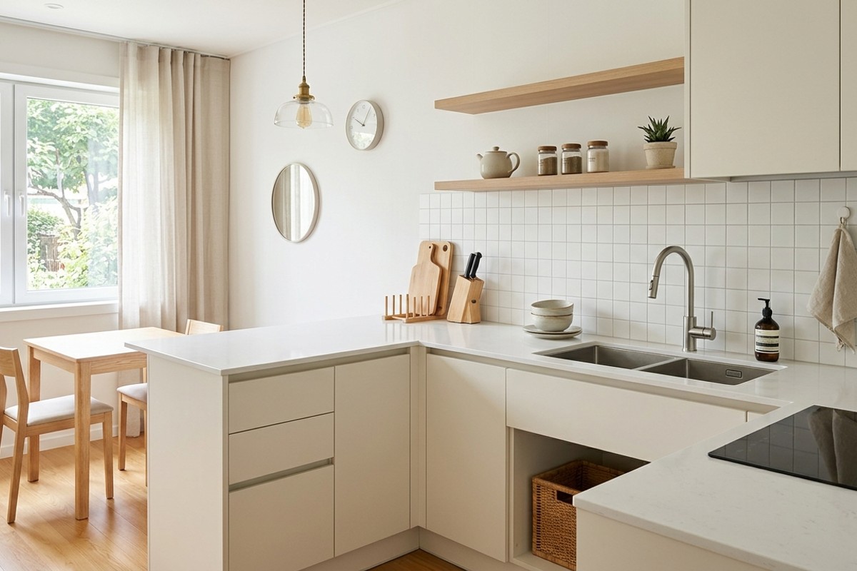 Decluttered small kitchen with clear countertops, demonstrating a minimalist approach.