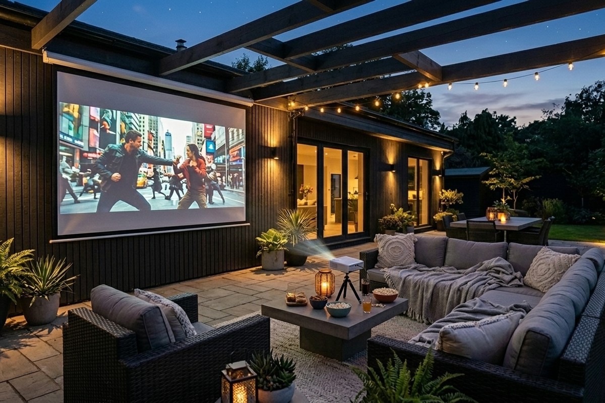 Patio at twilight with a retractable outdoor projector screen displaying a movie, ready for entertainment
