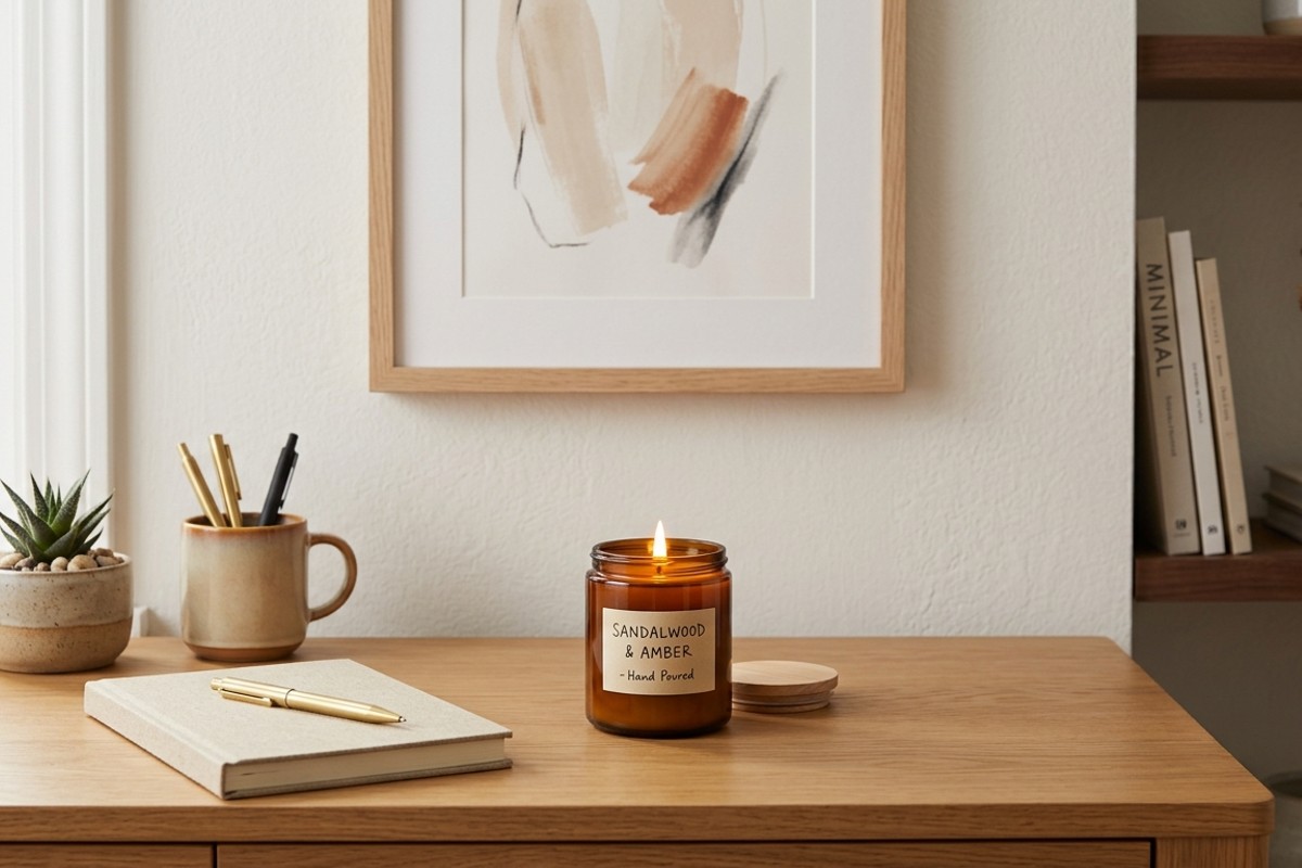 Serene home office desk adorned with a minimalist piece of art and a beautifully scented candle, showcasing intentional, uncluttered decor.