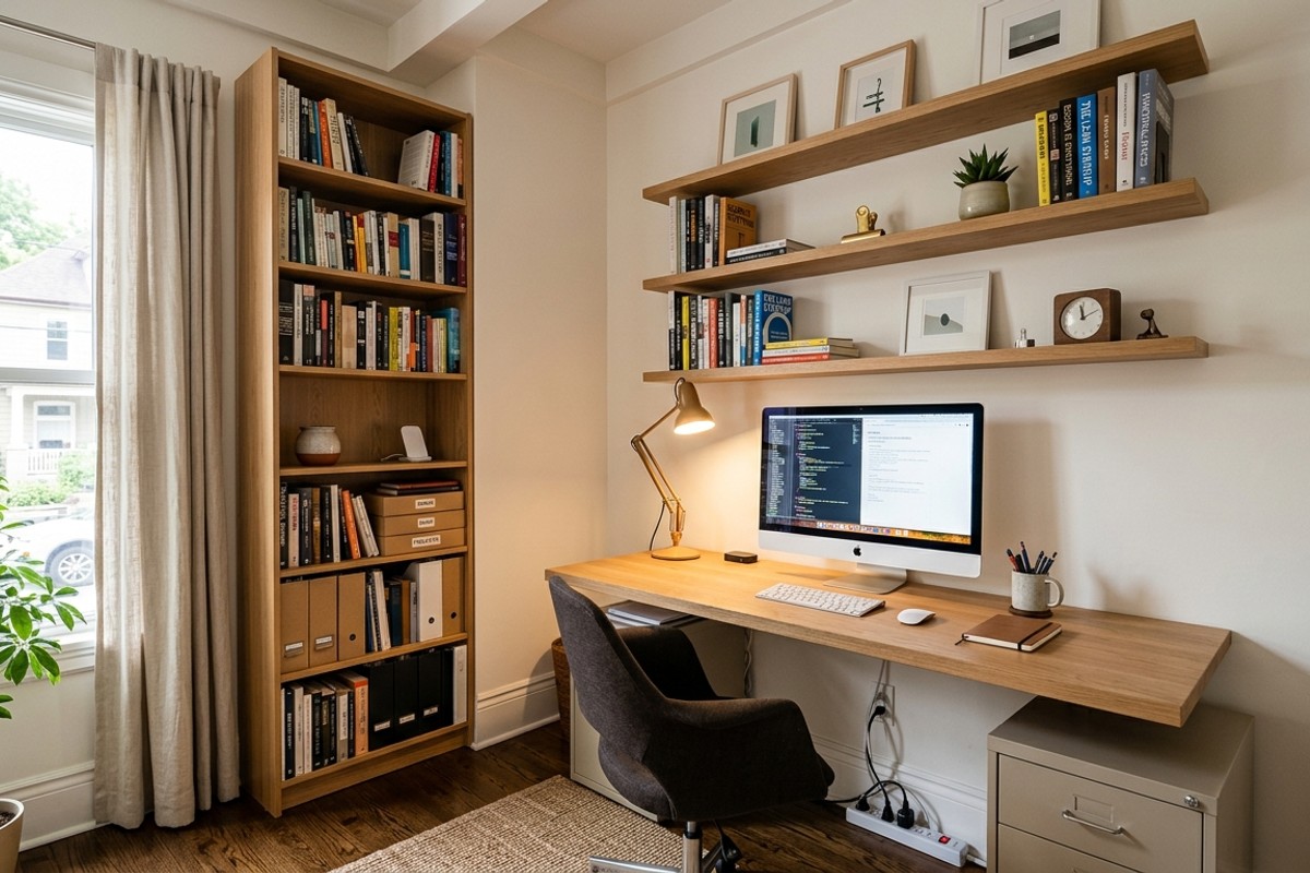 A small home office optimizing vertical space with floating shelves above the desk and a narrow bookcase.
