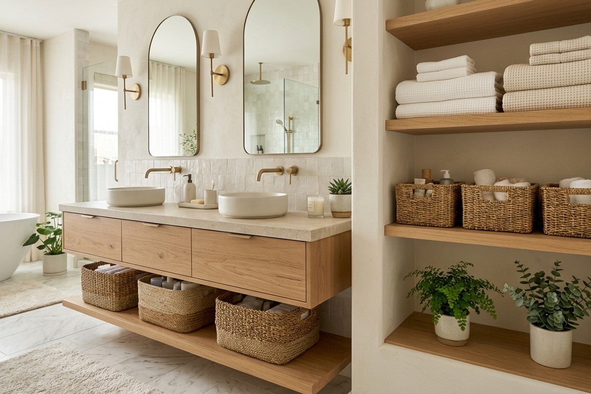 Spa bathroom with thoughtful storage solutions including built-in shelves and woven baskets.