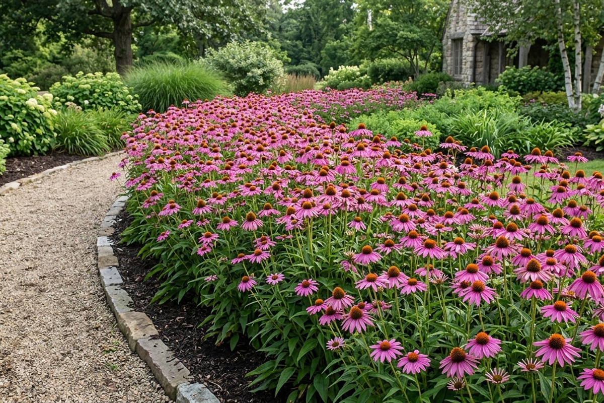 Garden bed featuring mass plantings of a single species of vibrant flowering perennials, creating visual impact and simplifying maintenance.