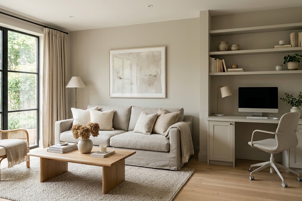 Home office zone and living room sharing a consistent, calming neutral color palette like 'Revere Pewter.'
