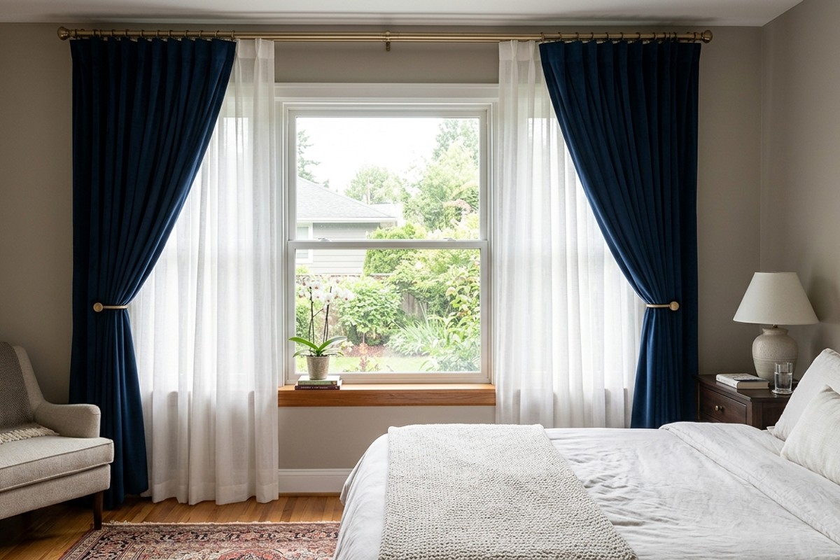 Bedroom window with layered blackout drapes and sheer curtains for optimal light control.