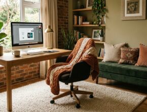 Home office with comfort and texture elements: a cozy rug, throw blanket, and plush cushions.
