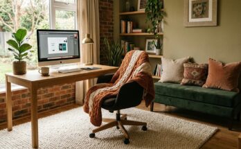 Home office with comfort and texture elements: a cozy rug, throw blanket, and plush cushions.