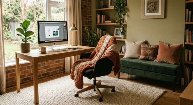 Home office with comfort and texture elements: a cozy rug, throw blanket, and plush cushions.