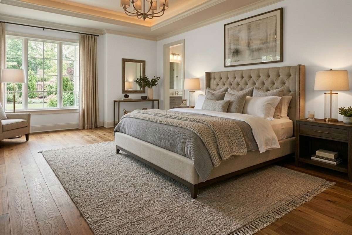 Plush area rug positioned under a bed and nightstands on hard floors, adding warmth and defining a luxurious sleeping area.