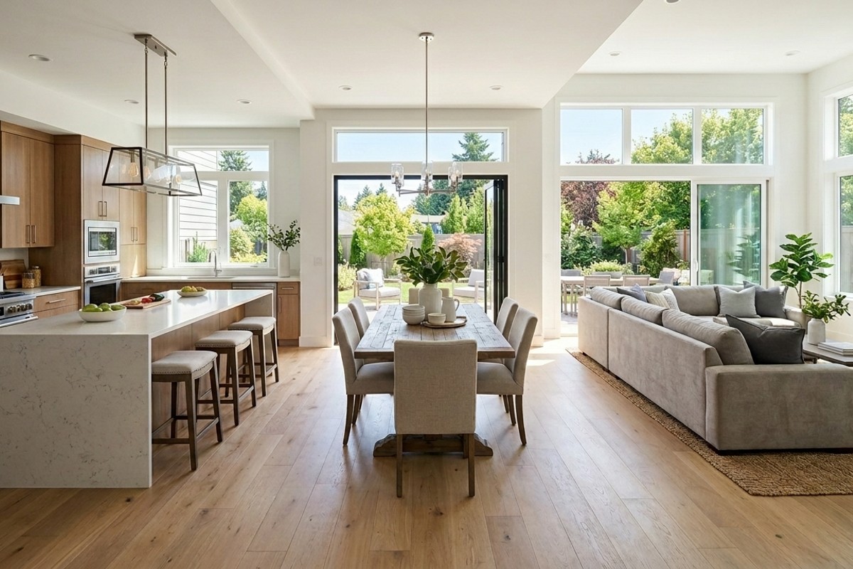 Open concept kitchen flowing into dining and living areas with wide pathways for home accessibility.