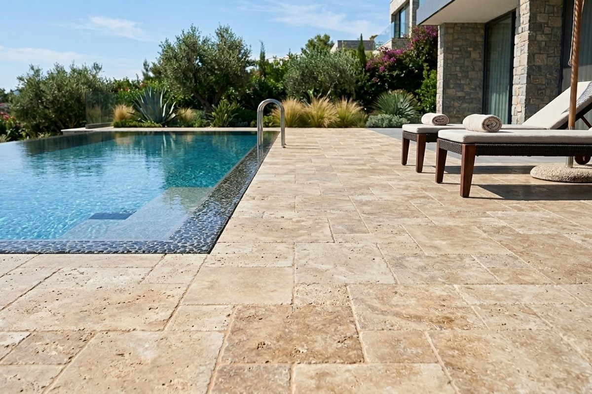 Luxurious pool surround and hardscaping featuring a signature material palette of travertine pavers, elegant porcelain tile, and rich hardwood decking.