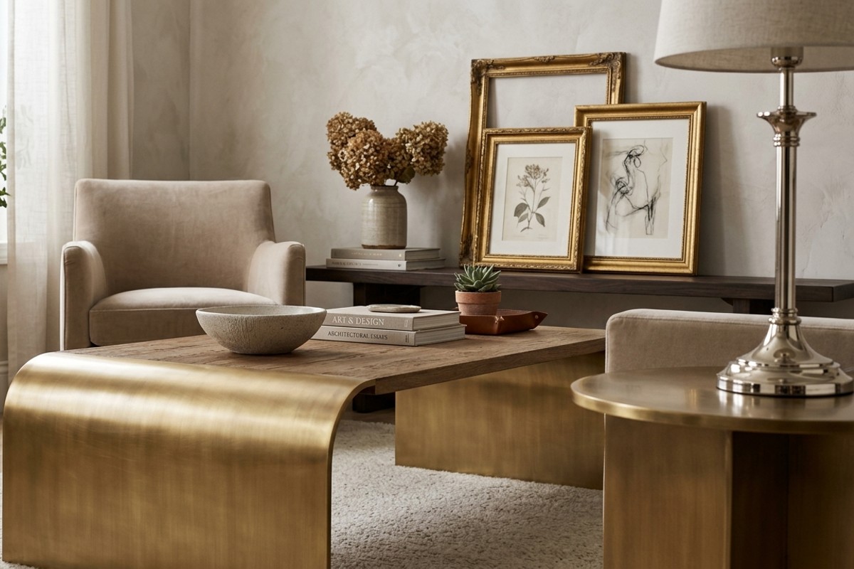 Living room with subtle metallic accents: brushed brass coffee table base, antique gold picture frames, and polished nickel lamp details.