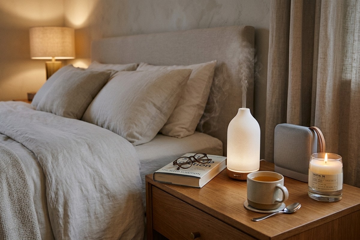 A bedside table with an essential oil diffuser, a scented candle, and a discreet white noise machine for a calming luxury bedroom experience.