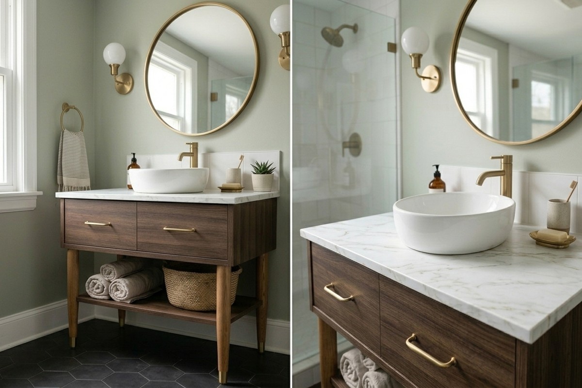 DIY bathroom vanity makeover with new wooden legs, peel-and-stick marble countertop, and brass hardware