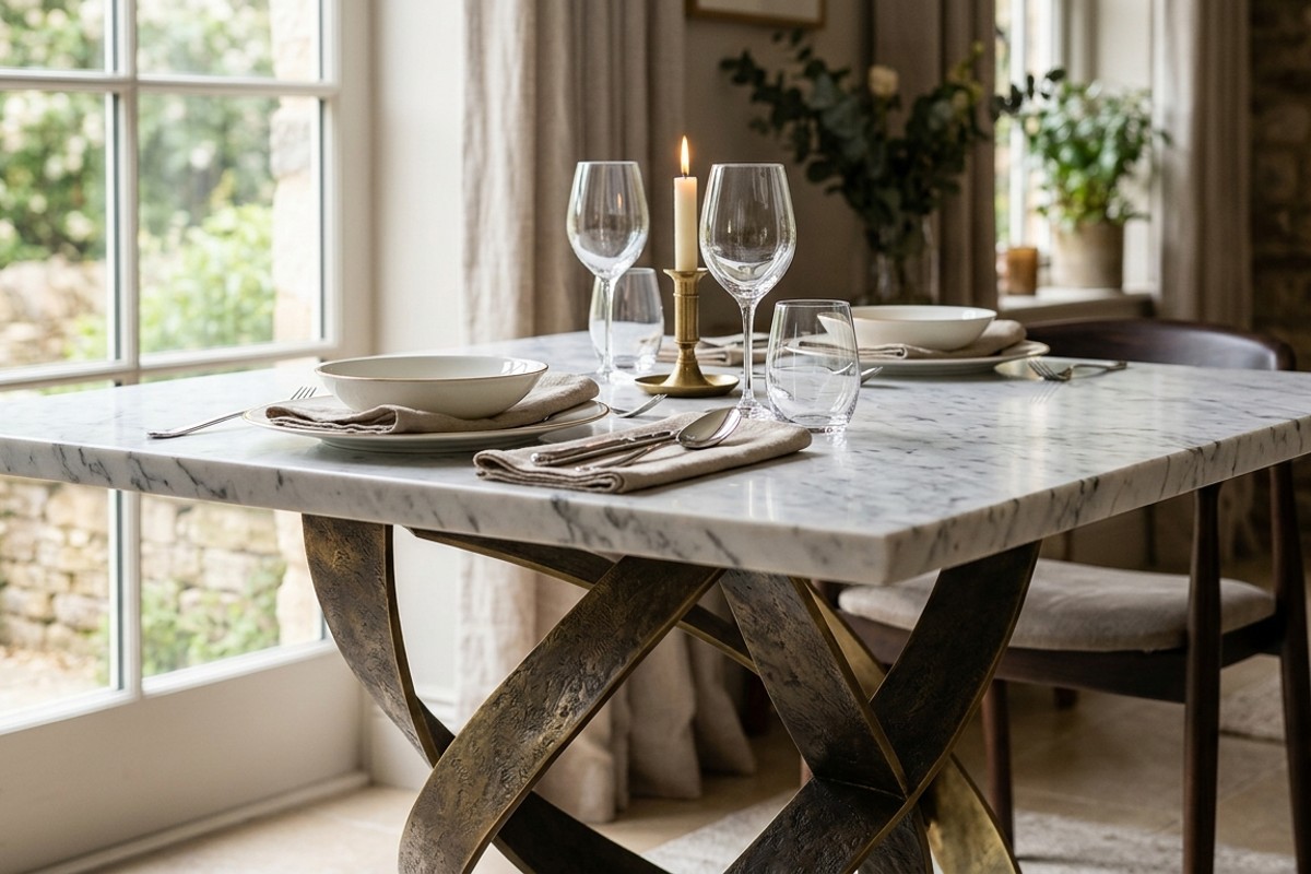 Hero dining table with a luxurious marble top and a sculptural base.