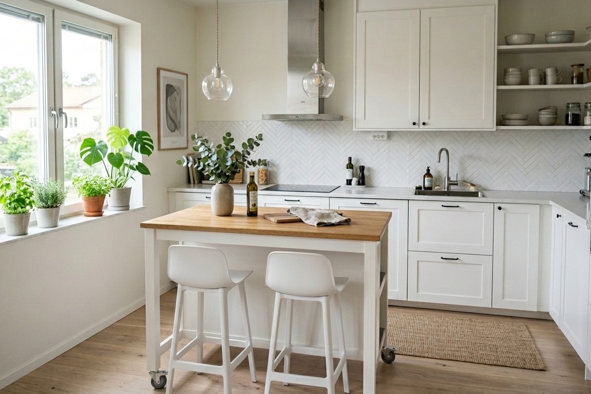 Small kitchen with a slim-profile island on casters and transparent acrylic bar stools.