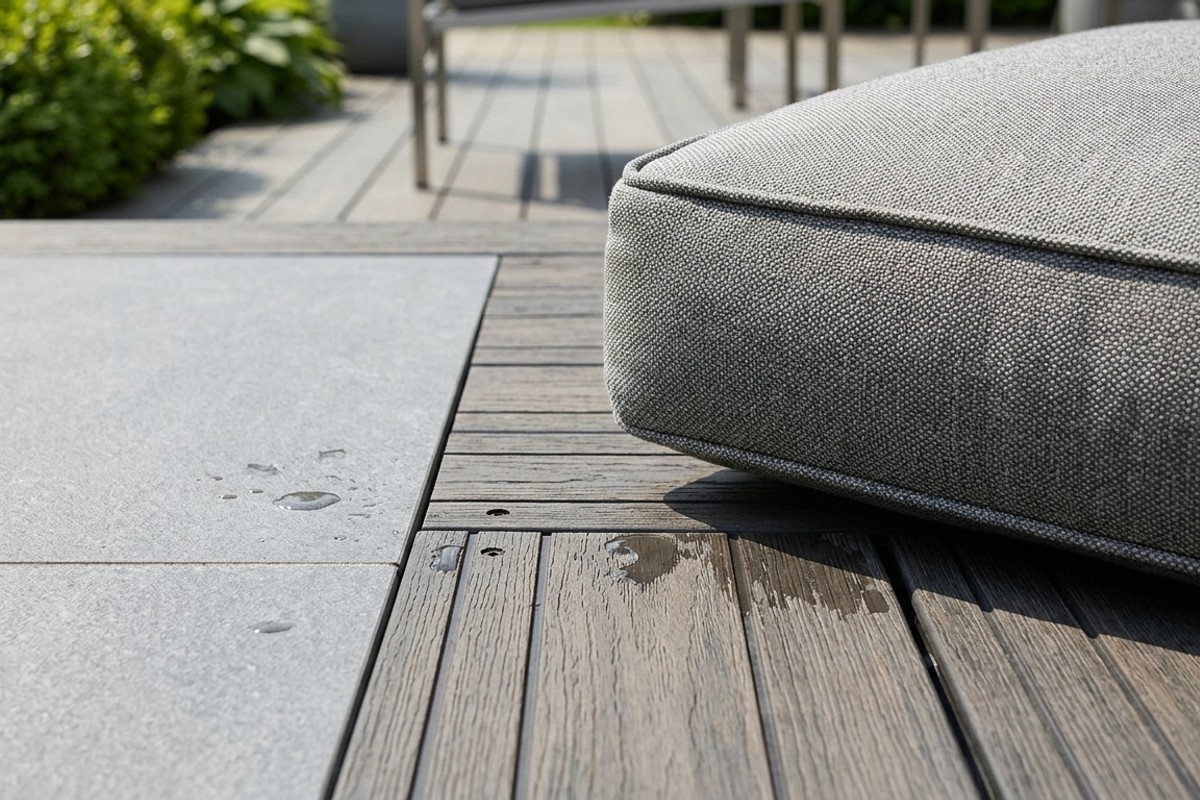 Close-up of durable patio materials including porcelain pavers, composite decking, and marine-grade fabric cushions