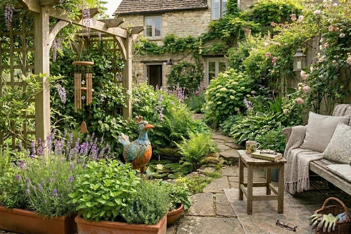 Serene backyard retreat featuring personal touches like a melodic wind chime, ceramic garden art, and fragrant lavender and mint plants.