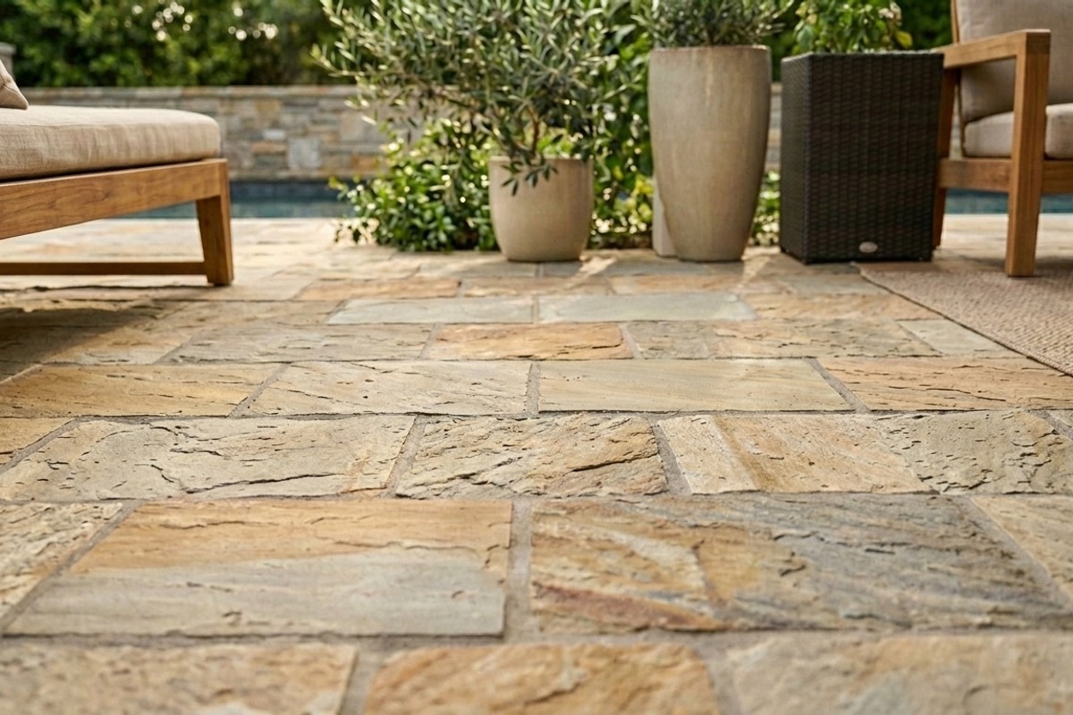 Upgraded patio flooring featuring attractive natural stone tiles for an elevated aesthetic.