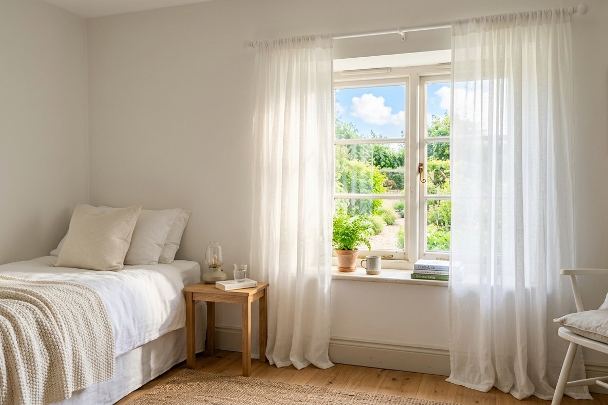 Small bedroom window with sheer white curtains allowing natural light to brighten the space.