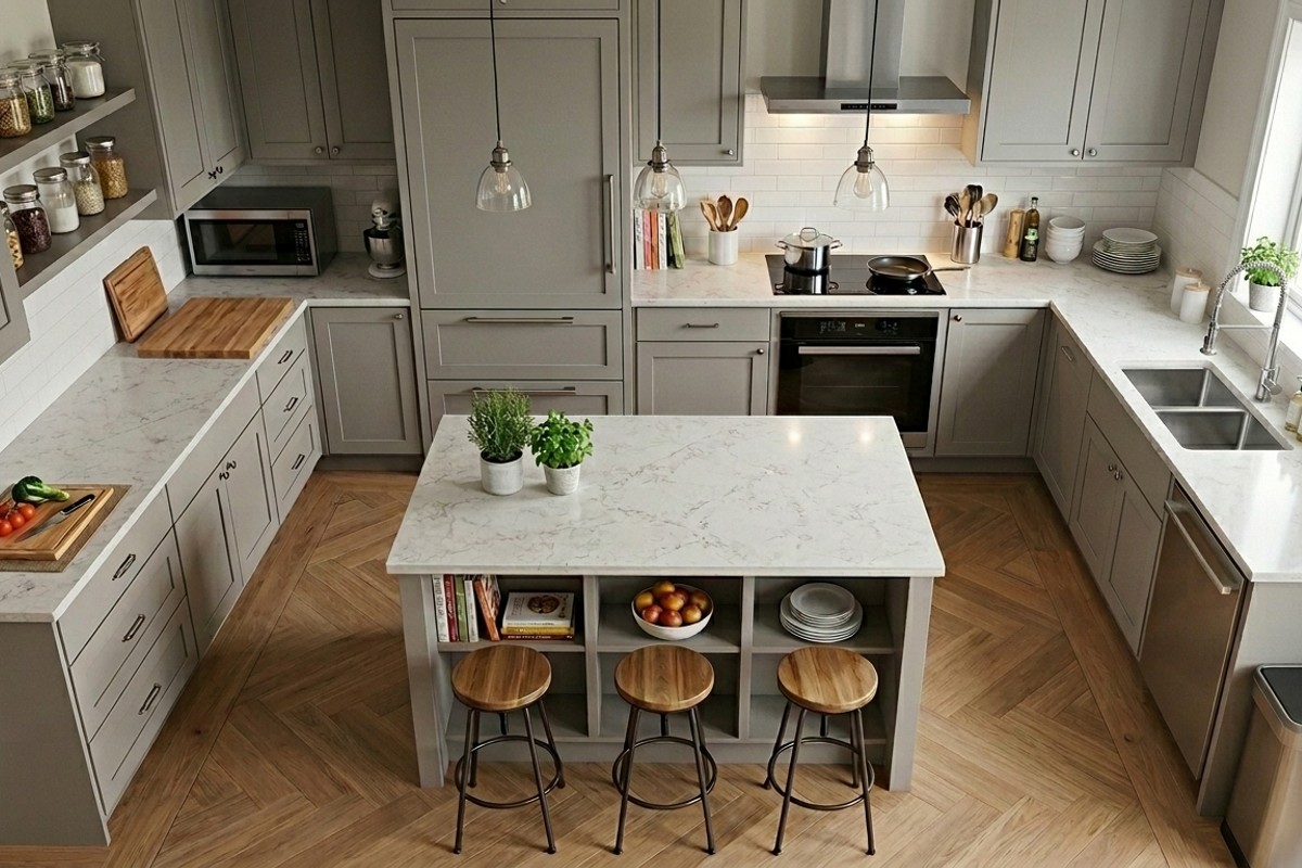 Optimized kitchen layout showing distinct zones for prepping, cooking, and cleanup with clear pathways